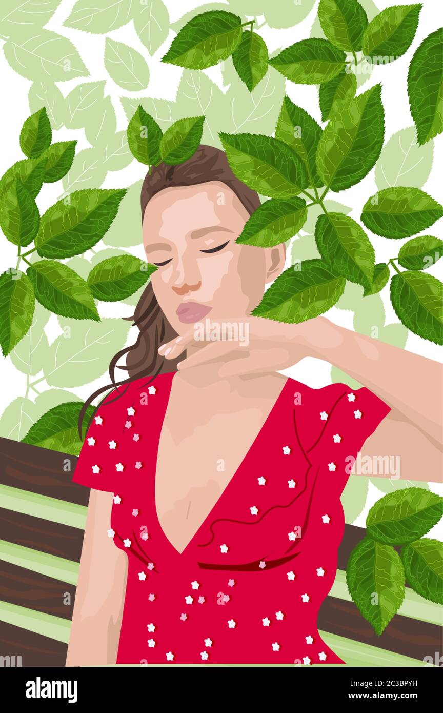 Young woman in red dress sitting on a bench and enjoying greenery. Vector Stock Vector