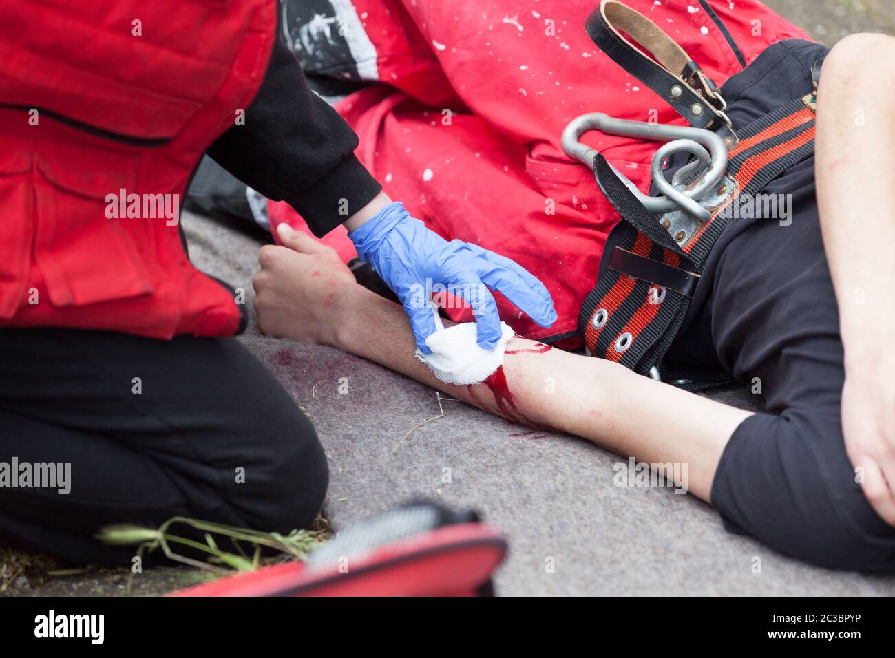 First aid after workplace accident Stock Photo