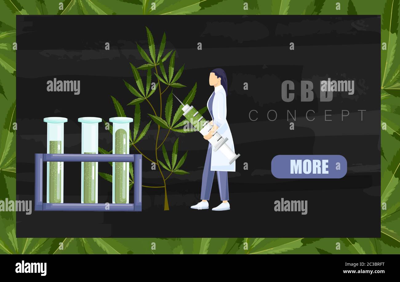 Woman in laboratory making a research on cannabis with big syringe and chemistry tube with cbd extract. Black background Vector Stock Vector