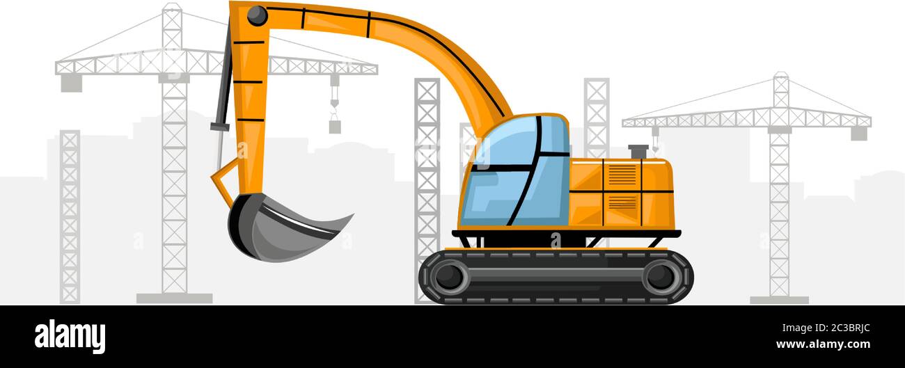 Yellow excavator with crane on background. Construction vector Stock Vector
