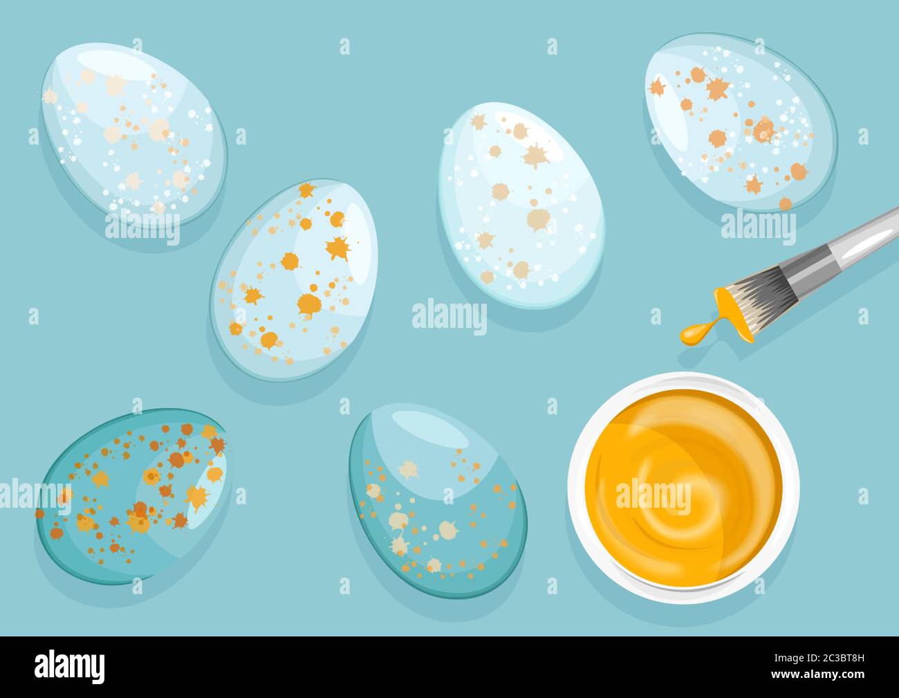 Easter Eggs with paint drops and dye brush. Blue vibrant background. Vector Stock Vector