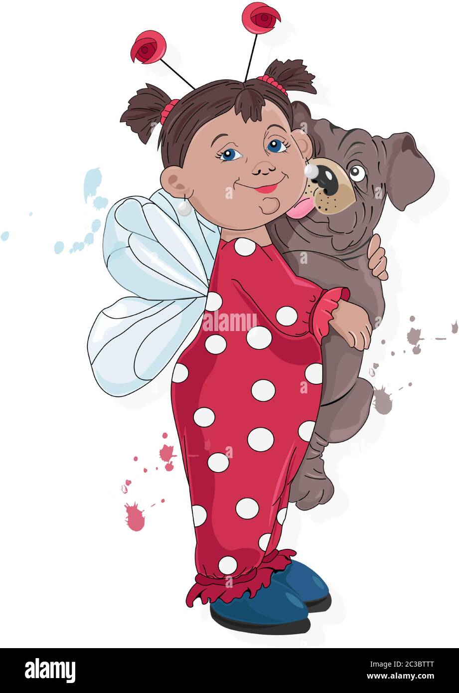 Pug Ladybug Little kid in ladybug clothes holding pug dog licking her. Vector Stock ...