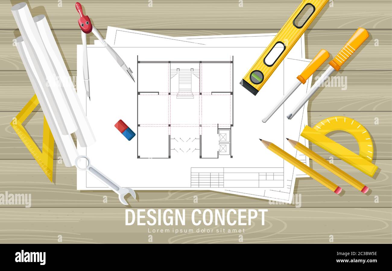 Blueprint design concept with architect tools on wooden table. Ruler, compass, screwdriver, spirit level, calculator, pencil and wrench. Stock Vector