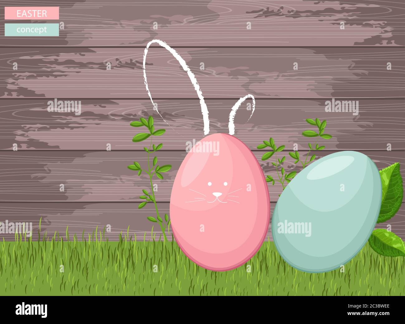 Happy easter colorful eggs on grass with wooden background. Green ...