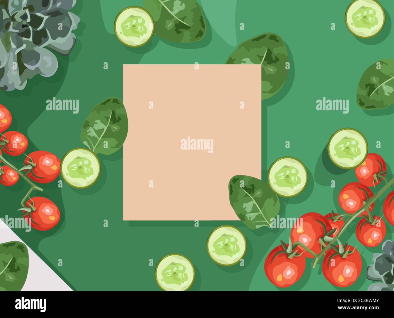 Ecological products composition with branch of red tomatoes, spinach and cucumbers. Place for text. Vector Stock Vector