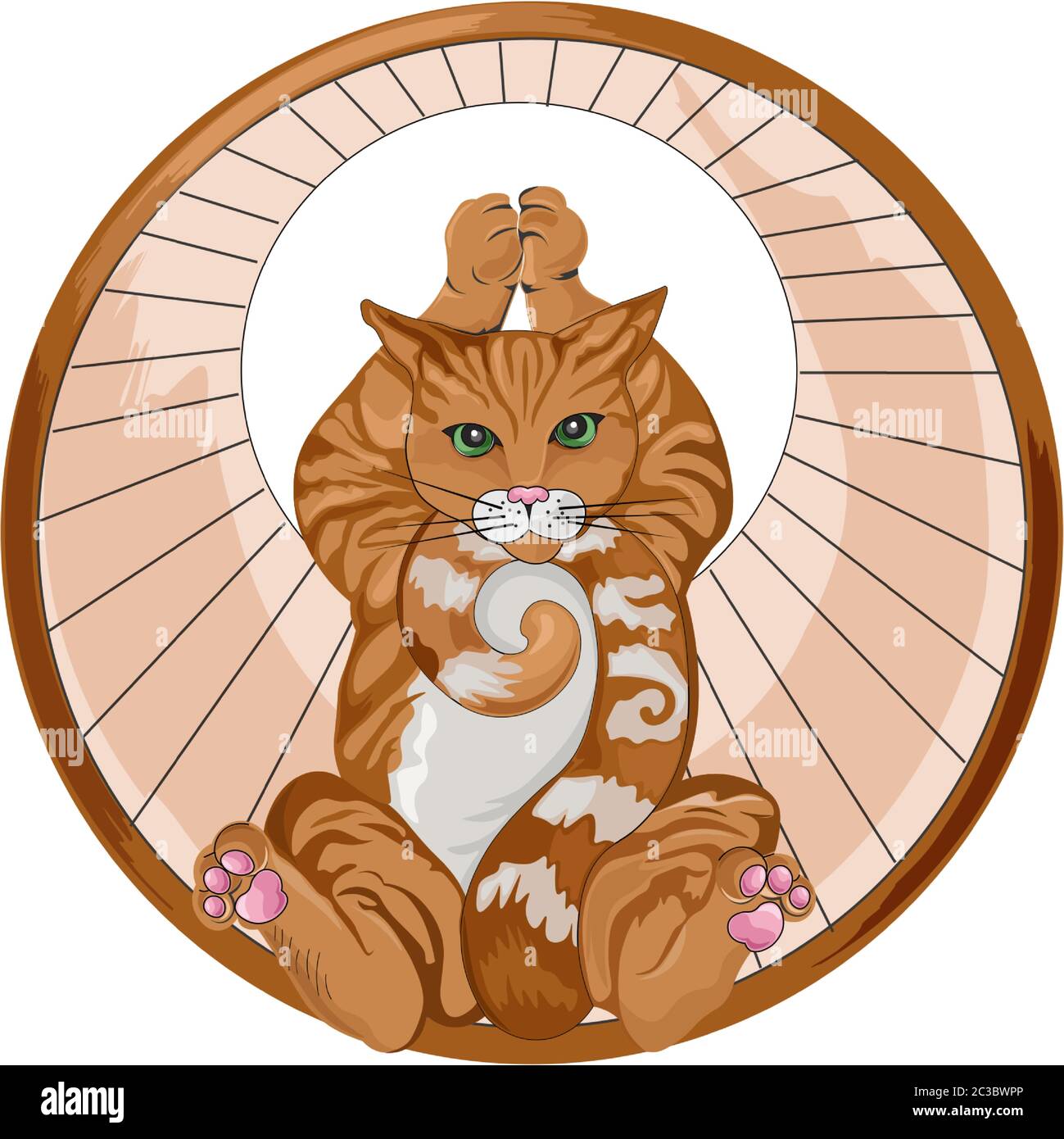 Abstract ginger cat in a spinning wheel holding a yoga pose. vector