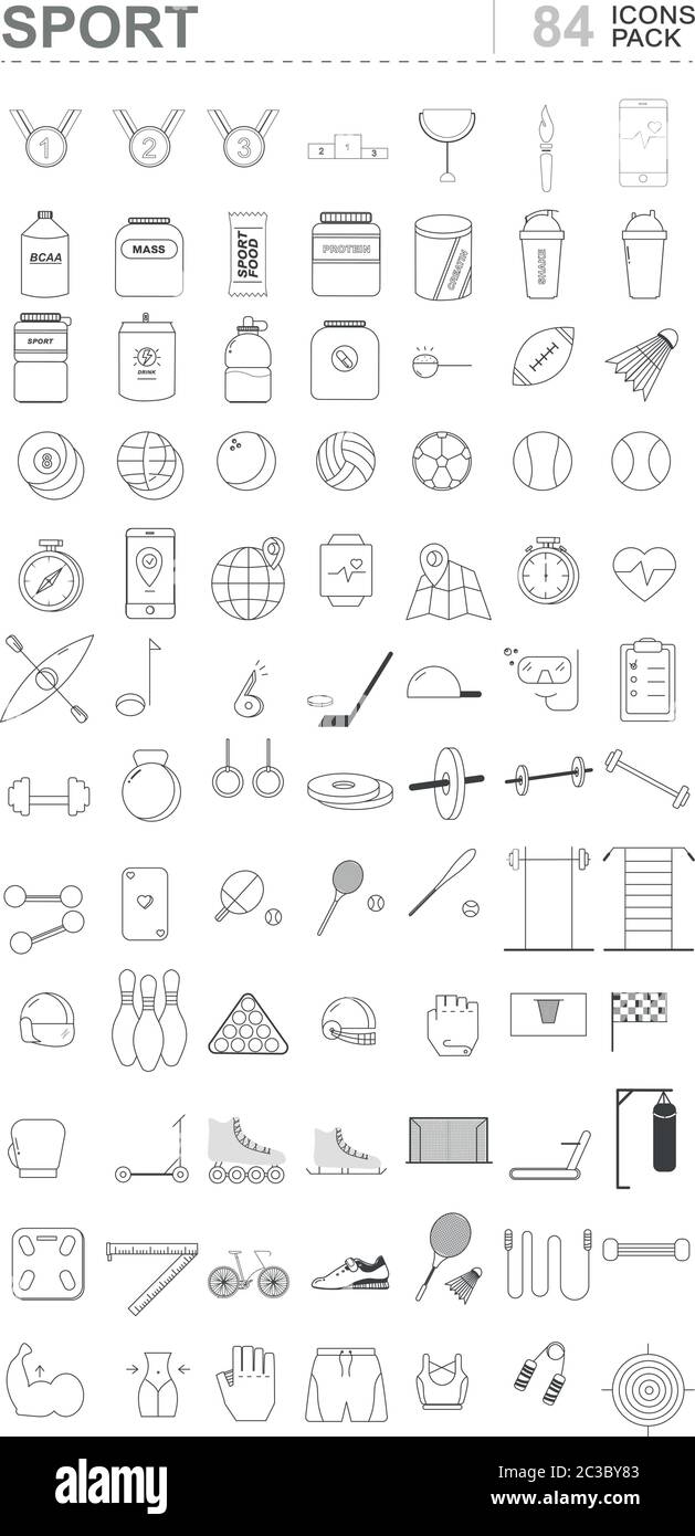 Sport icons pack with medals, protein, equipment, football, dumbbells, heart rate watch and clothes. Line art Vector Stock Vector