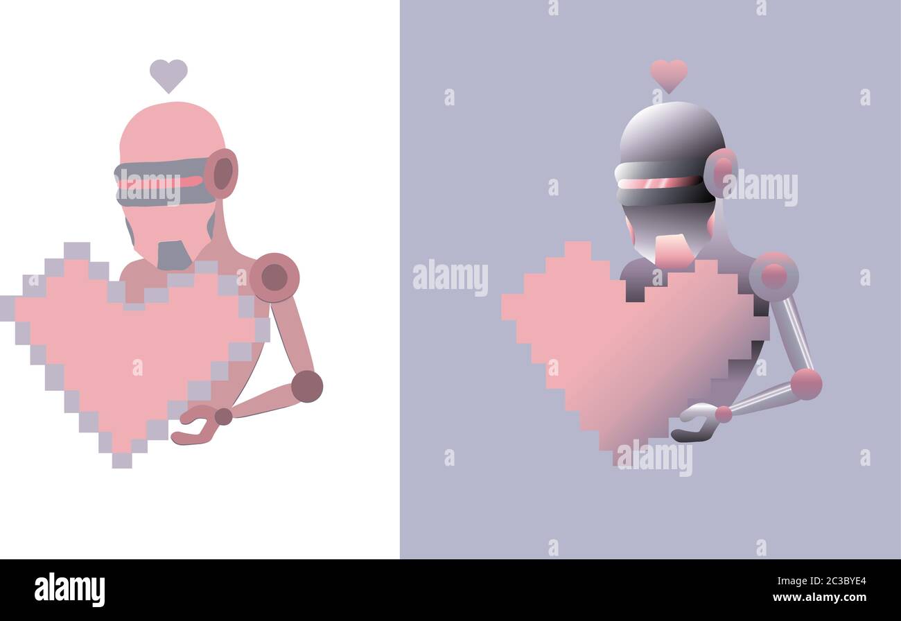 Robot holding a pixelated rose heart. Love day vector. Futuristic idea Stock Vector