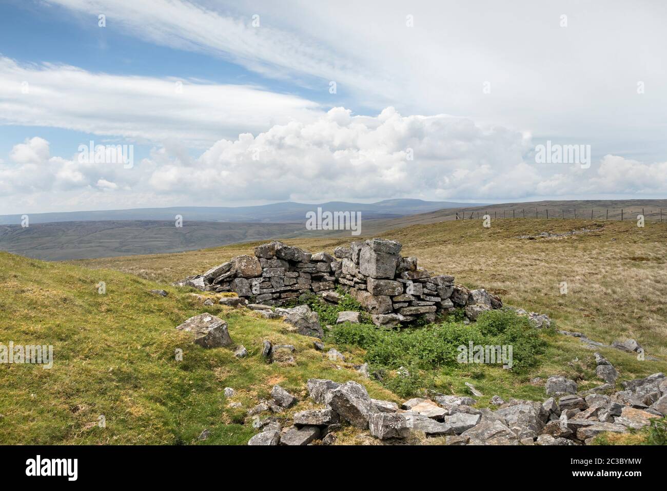 Ruined Building on Great Stony Hill with the View towards Great Dun Fell, Little Dun Fell and Cross Fell, North Pennines, Upper Teesdale, County Durha Stock Photo