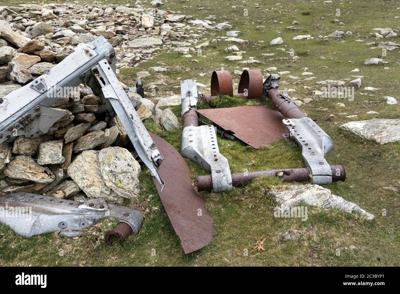The Remains of a Halifax Bomber LL505 Which Crashed on the Mountain of Great Carrs near Coniston on 22nd October 1944, Lake District Cumbria, UK Stock Photo