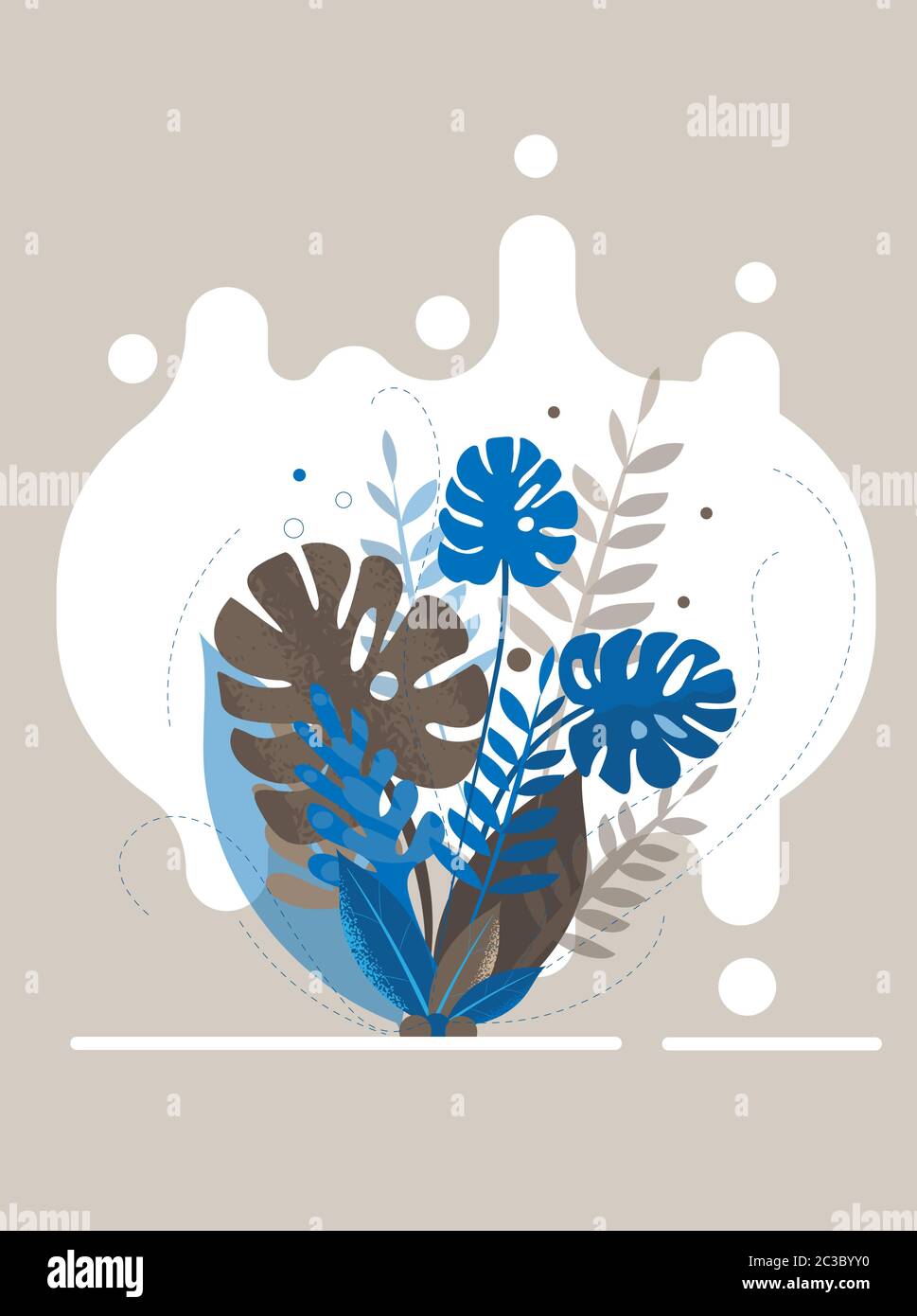 Colorful blue and gray tropical leaves with splashed background. Vector Stock Vector