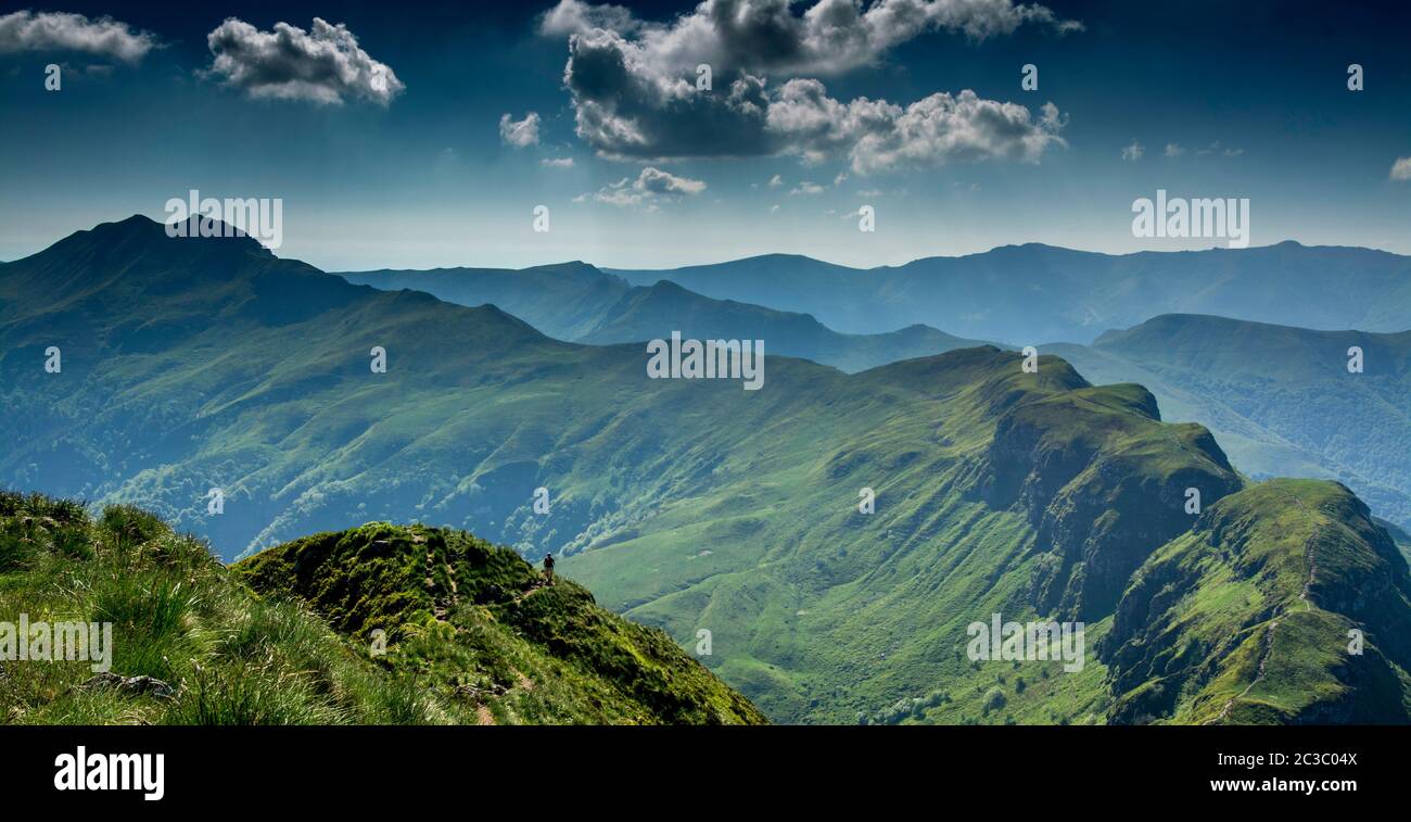 View from the summit of Puy Mary, Auvergne Volcanoes Regional Nature Park, Cantal, Auvergne-Rhone-Alpes, France Stock Photo