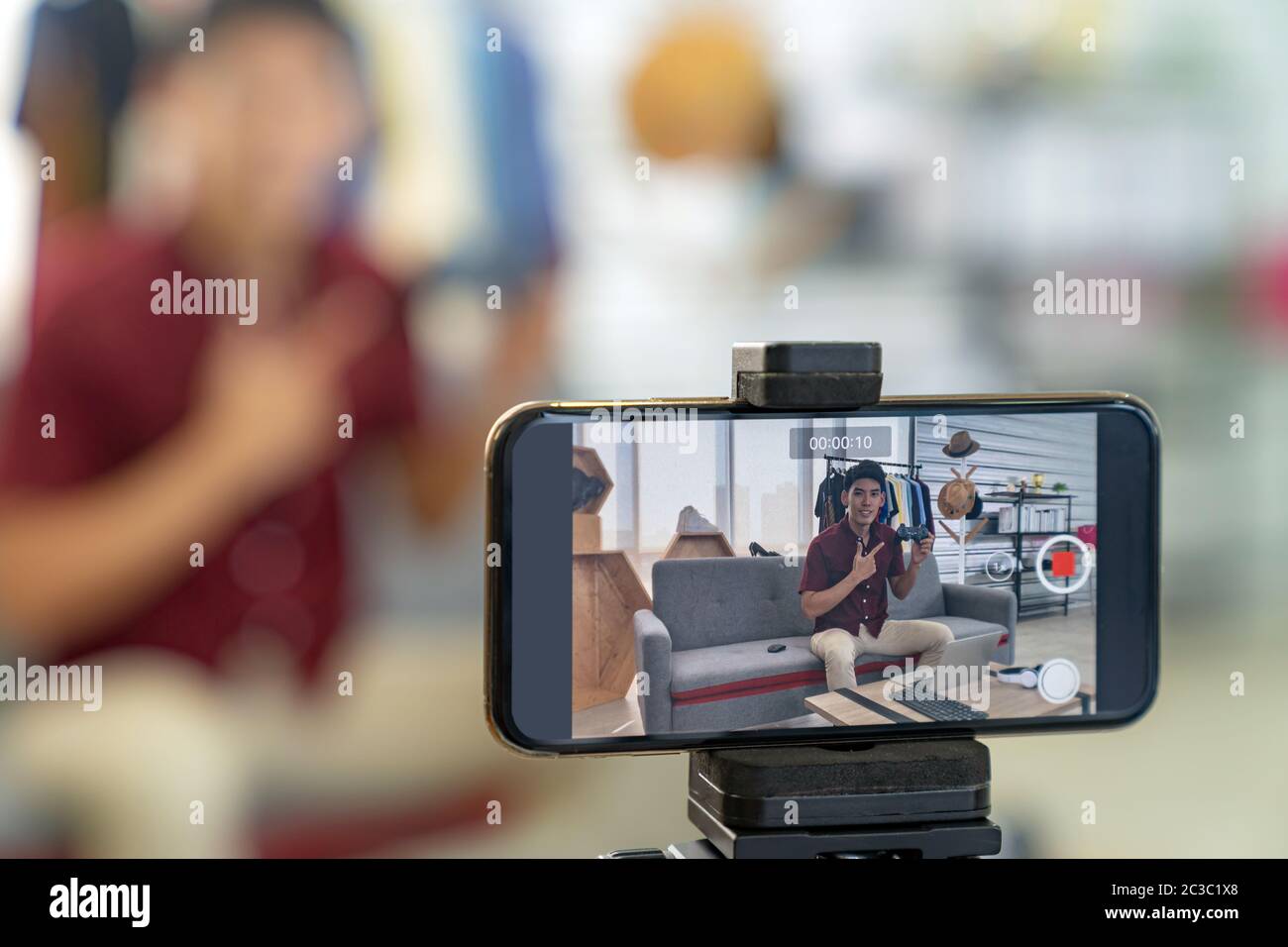 Vlogger live review joystick gaming  product Stock Photo