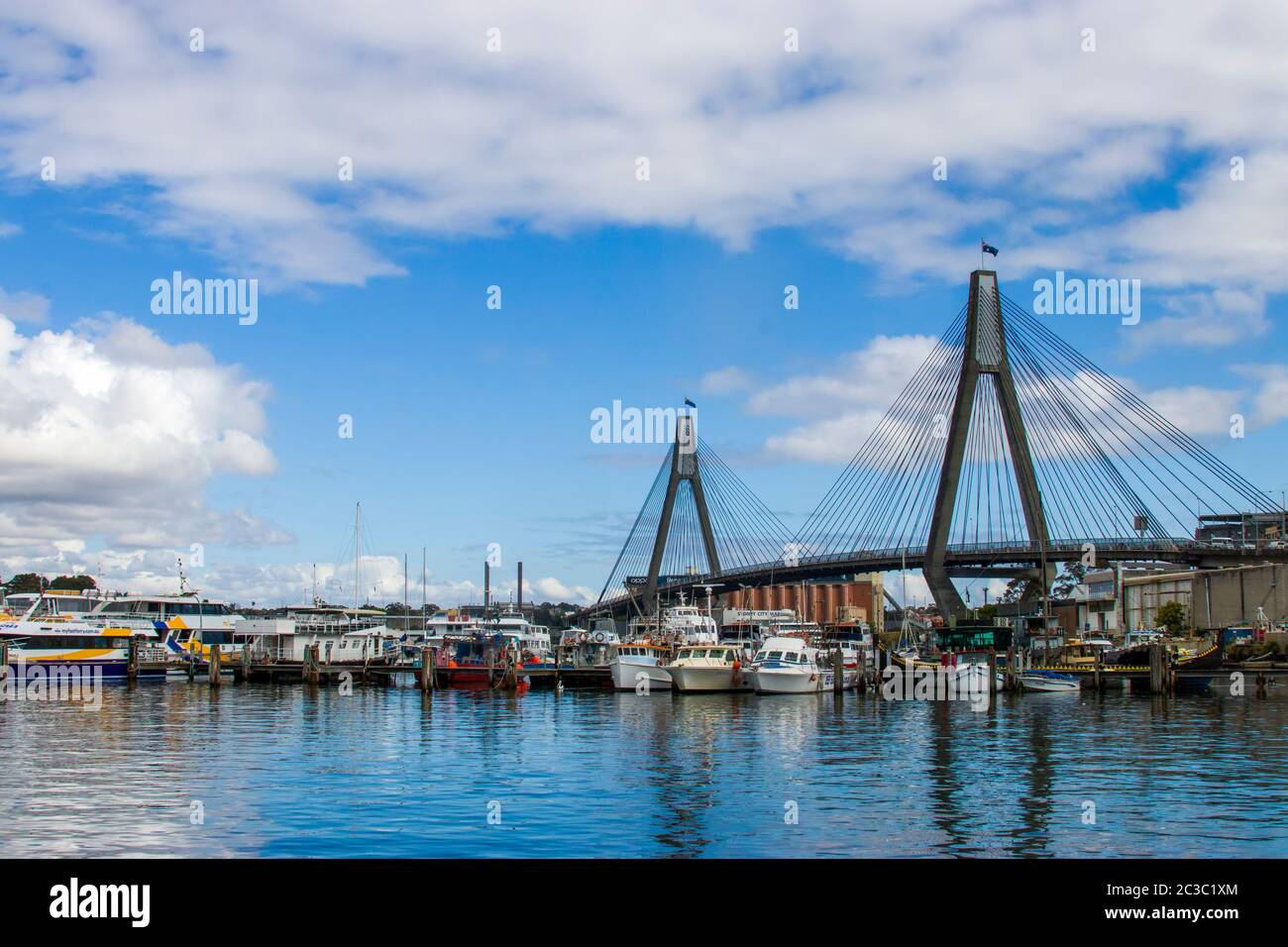the view of Anzac Bridge and blackwattle bay Sydney Australia. An 8-lane cable-stayed bridge spanning Johnstons Bay between Pyrmont and Glebe Island. Stock Photo