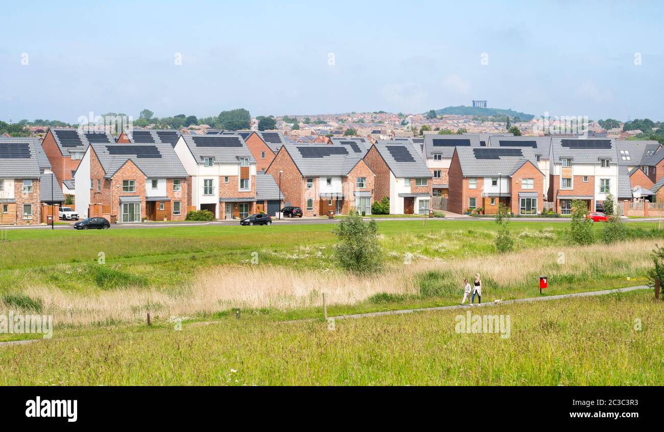 A modern housing estate of detached houses with solar panels, Elba Park, Houghton le Spring