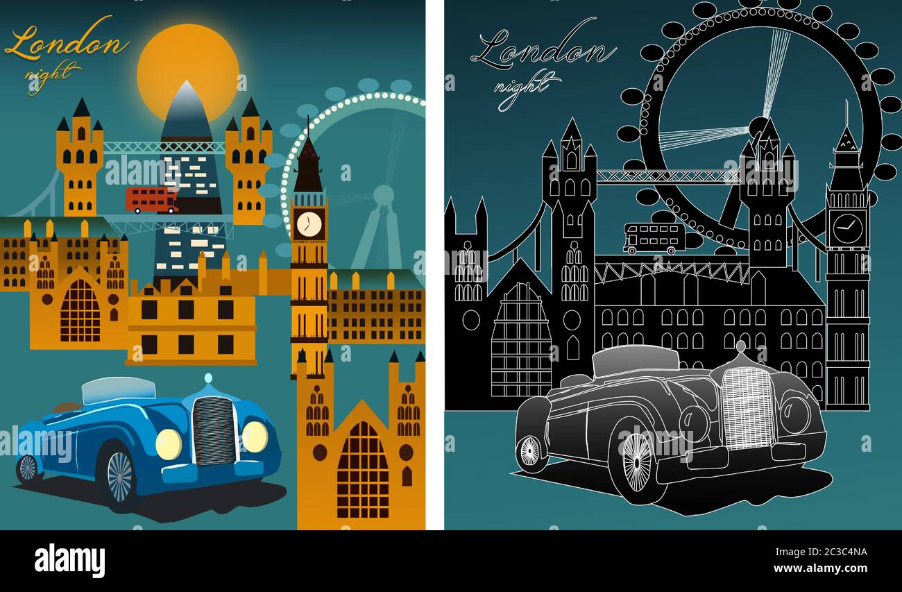 Set of London city at night with famous city landmarks, big ben, millennium wheel. Line art. Vector Stock Vector