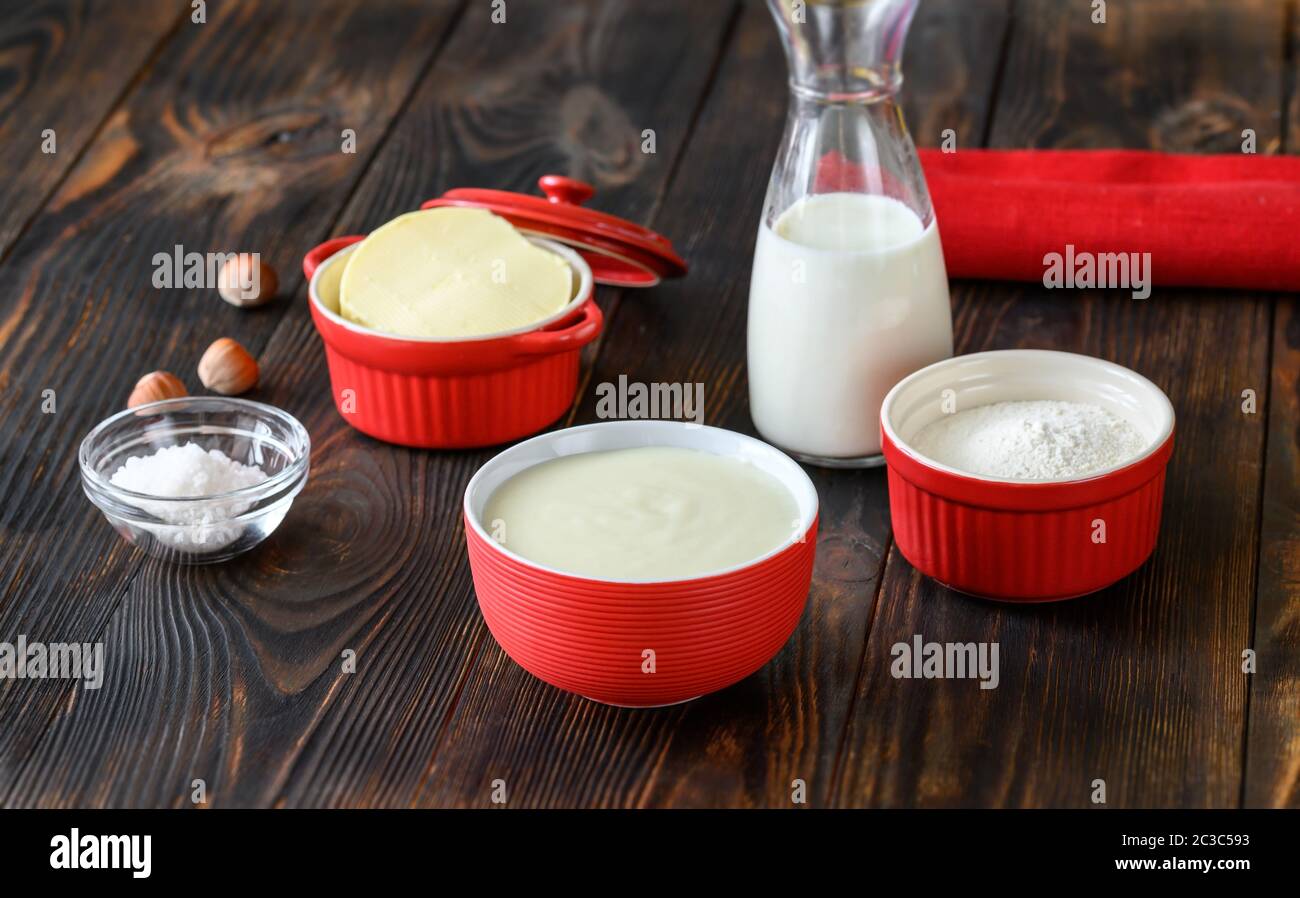 Ingredients of bechamel French basic sauce Stock Photo Alamy