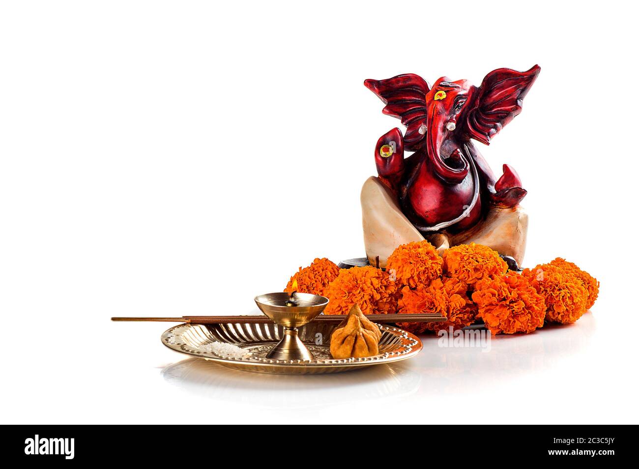 Hindu God Ganesha. Statue Of Lord Ganesha. Worship (Pooja) Arrangement ...