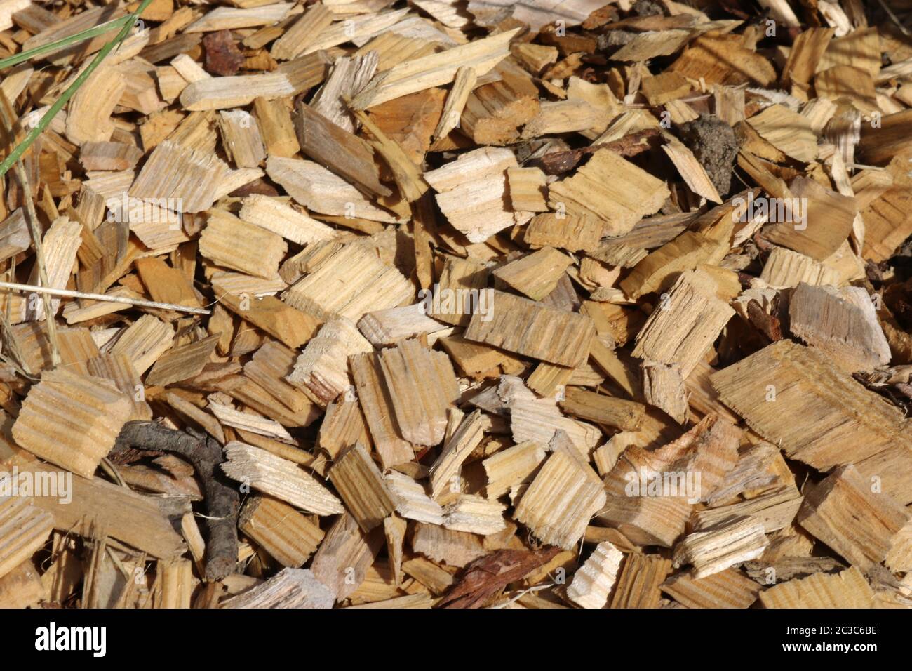 New wood chip soil mulch recently made from tree branches and trunks
