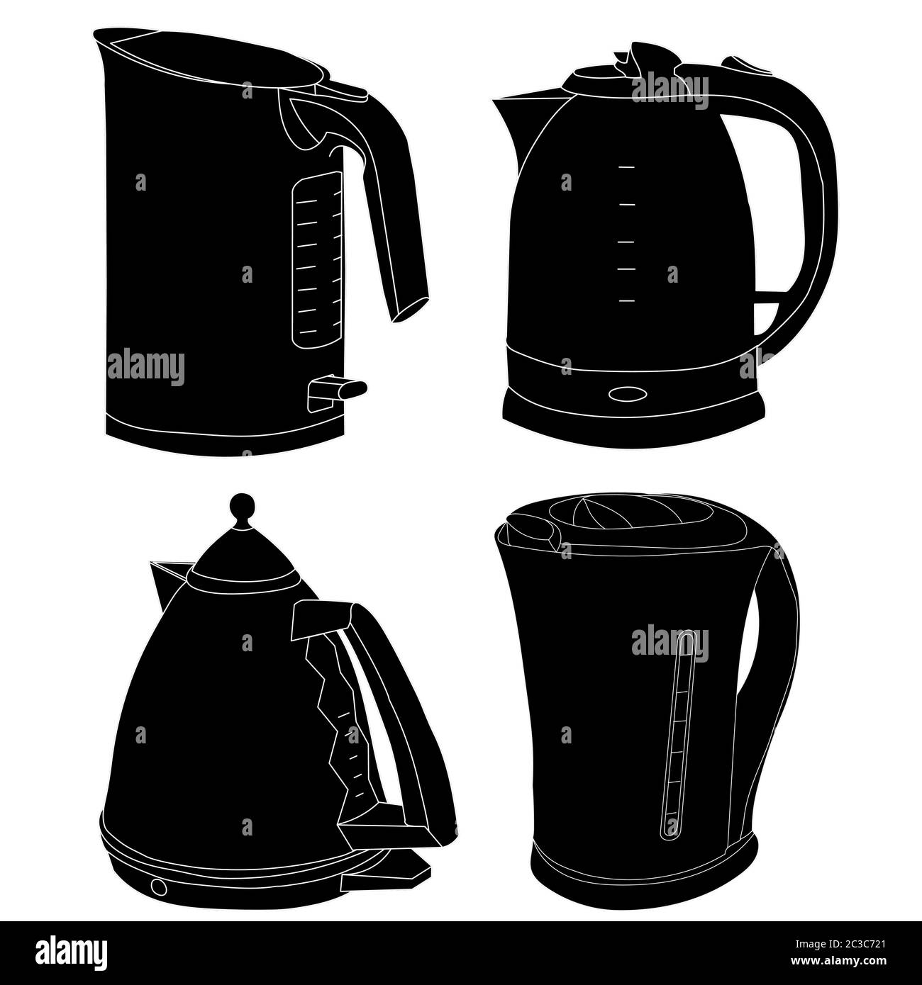 vector, on white background, sketch, black silhouette electric kettle, set Stock Vector
