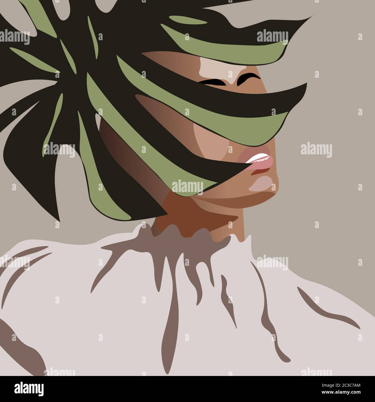 Tanned woman hiding her face behind a palm leaf. Hand drawn. Vector Stock Vector