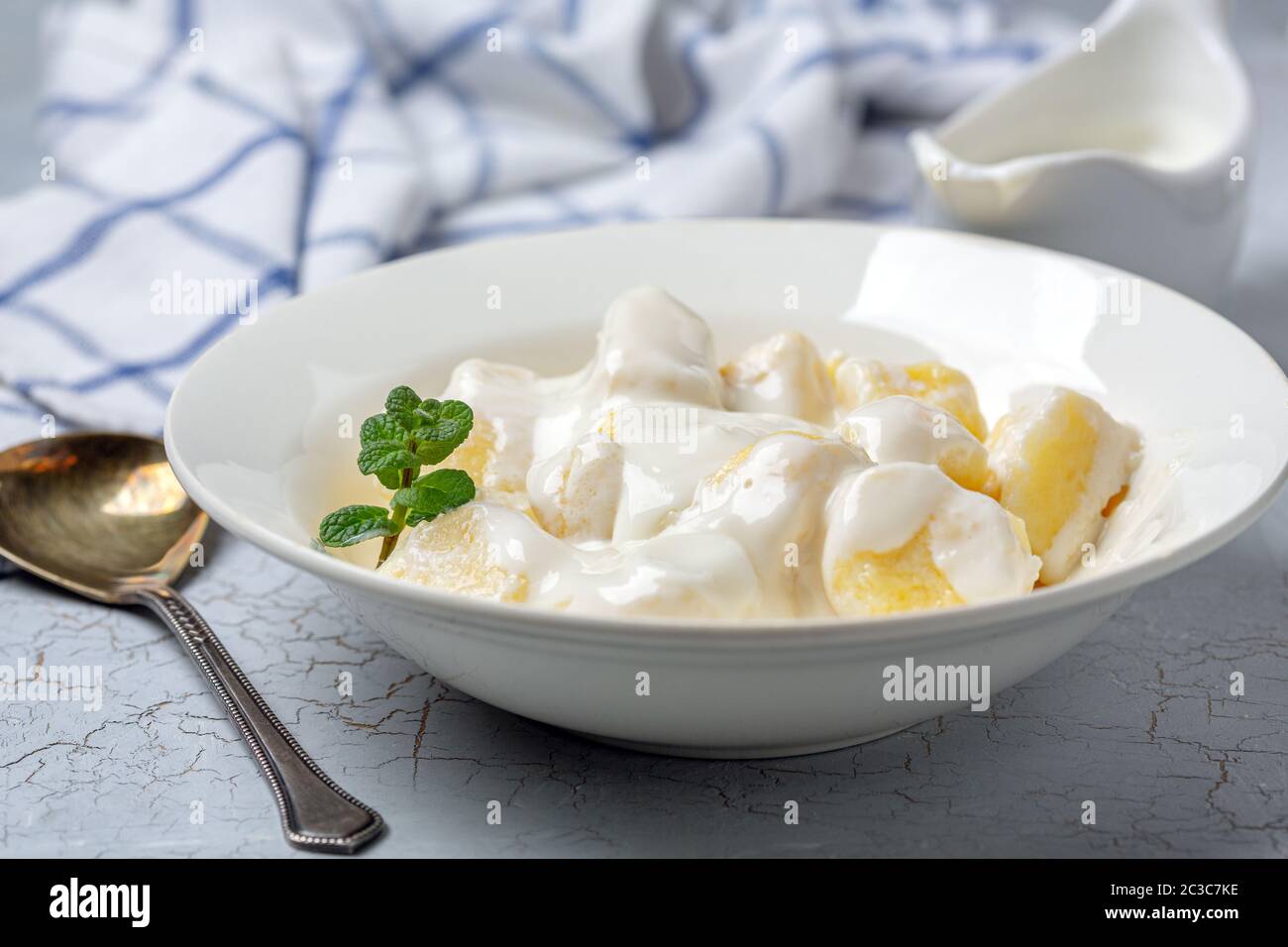 Traditional cottage cheese gnocchi (lazy dumplings). Stock Photo