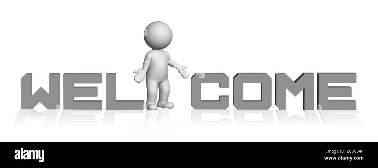 Welcome lettering - 3D text in grey and 3D figure with reflections on ...