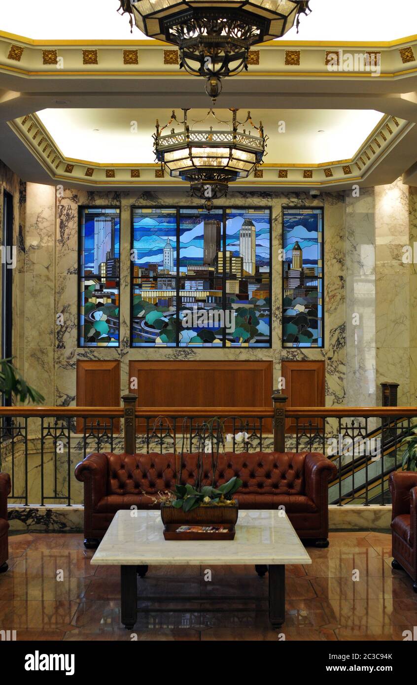 The lobby of the landmark Mid-Continent Tower in downtown Tulsa, Oklahoma. The office building was constructed in 1918 and added onto in 1984. Stock Photo