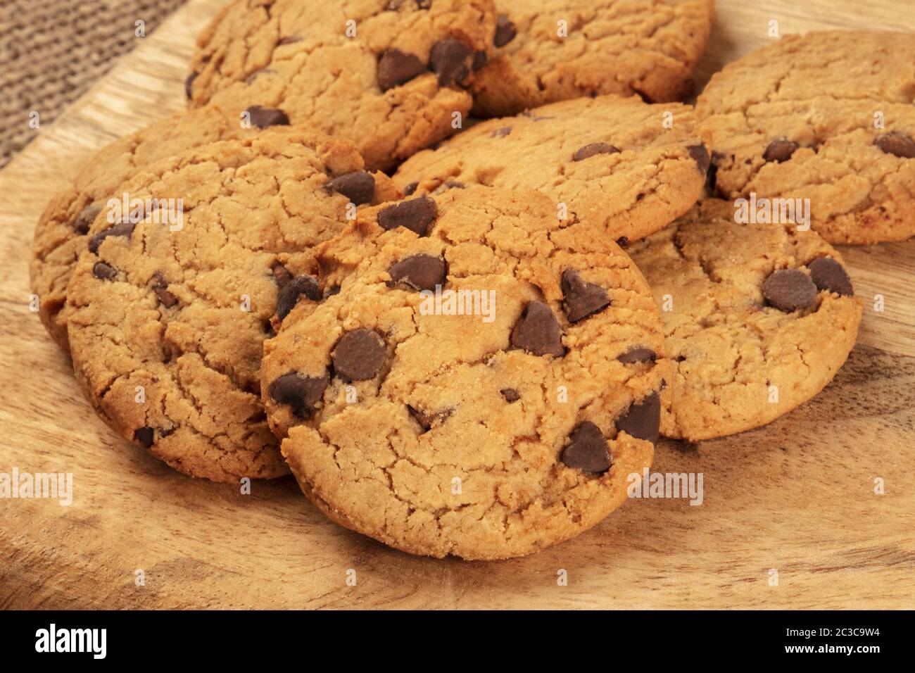 Chocolate chip cookies close-up on a rustic background Stock Photo