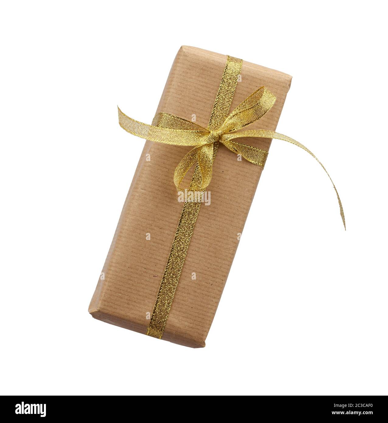 rectangular box wrapped in brown kraft paper and tied with a blue ...