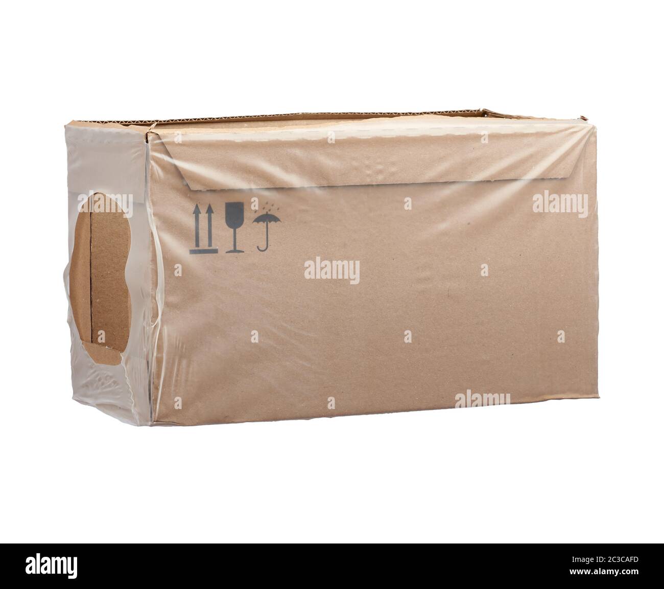 rectangular box wrapped in transparent polyethylene, box for transporting bottles, side view Stock Photo
