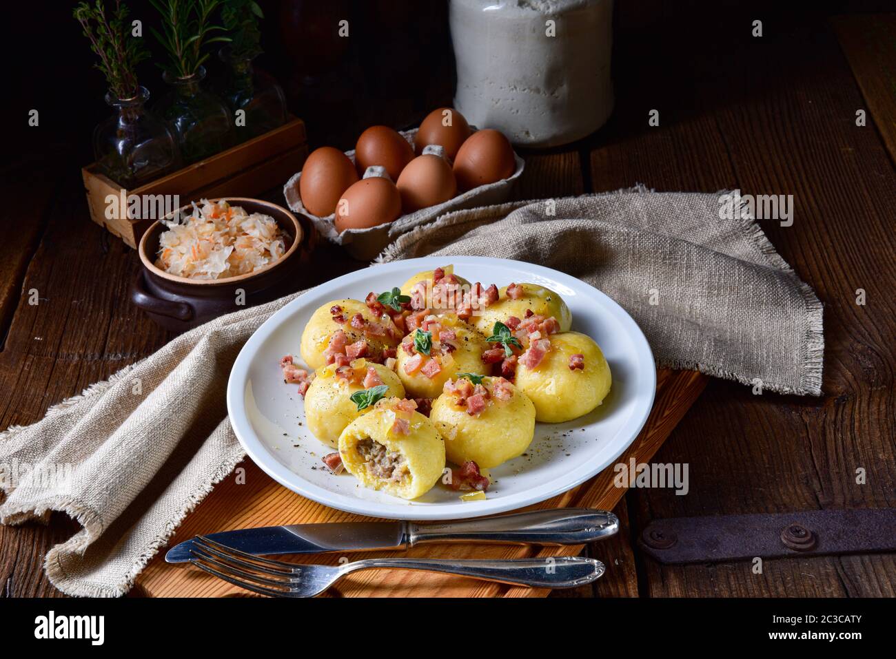 Polish dumplings with meat and mushroom sauerkraut filling Stock Photo