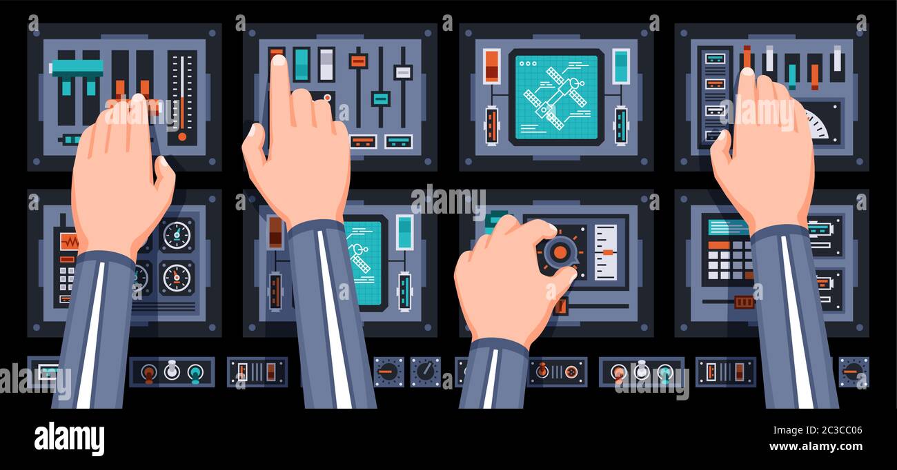 Spaceship control panel with hands of pilots Stock Vector Image & Art -  Alamy