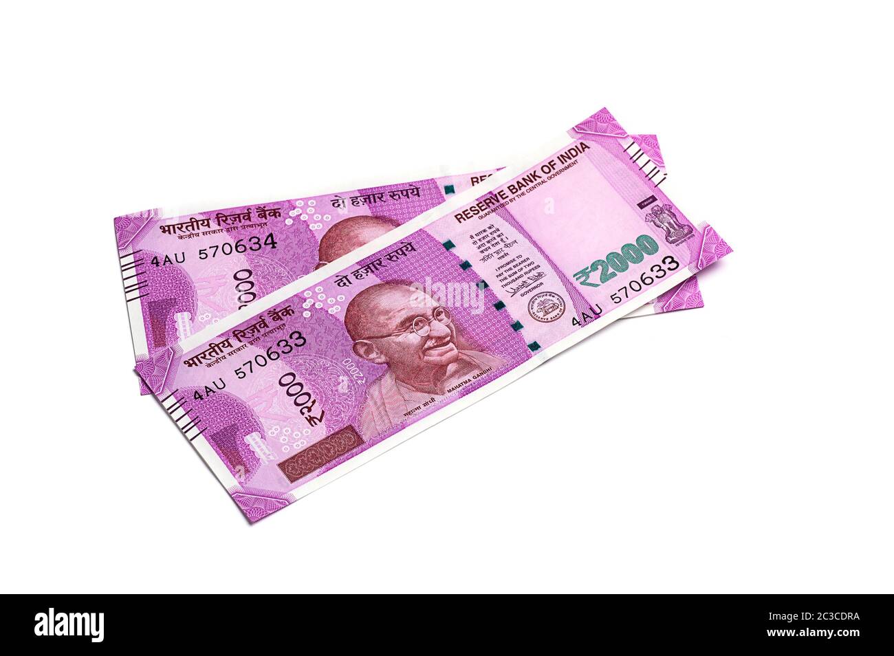 New Indian Currency of Rs.2000 isolated on white background. Published on 9 November 2016. Stock Photo