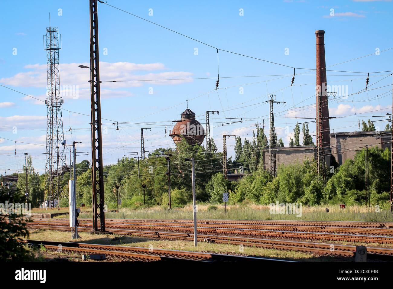 Views of the rail network with overhead lines in Köthen Stock Photo
