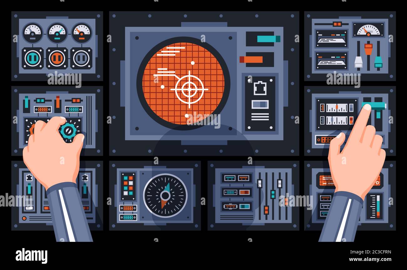 Pilot hands on the control panel of the spaceship Stock Vector