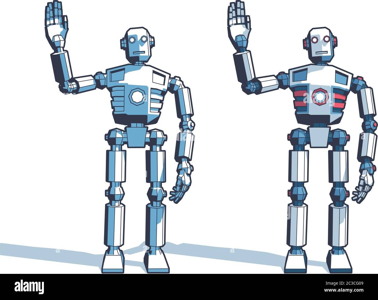 Robot man welcomes waving his hand Stock Vector