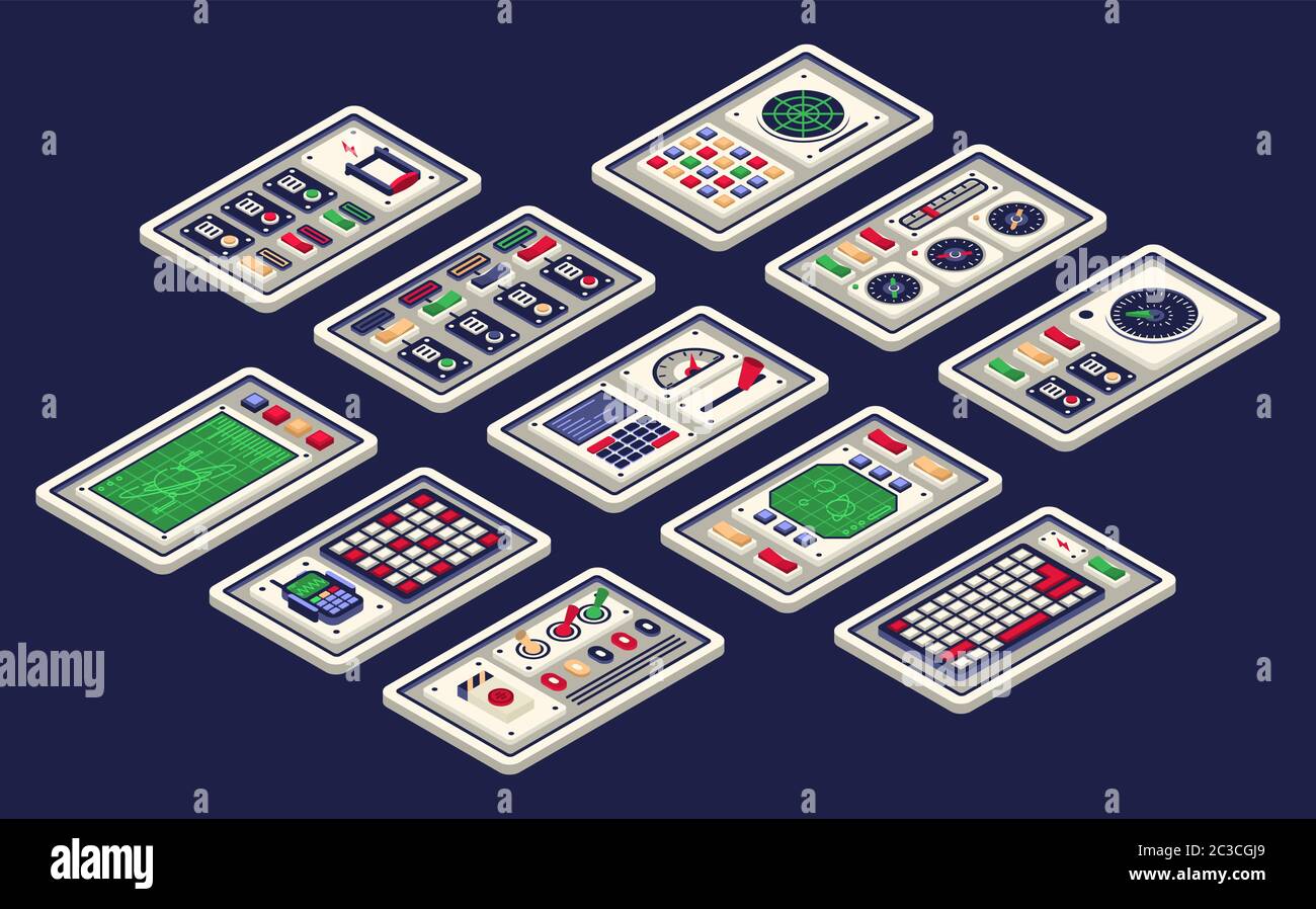 Isometric 3d control panel of the spaceship Stock Vector