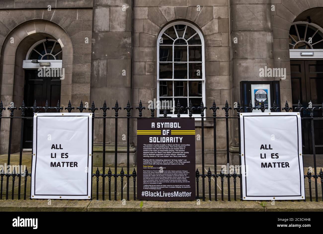 Edinburgh, Scotland, United Kingdom, 19th June 2020. Black Lives Matter Mural Trail: a new trail of artwork is developing at arts venues to support the BLM campaign. Pictured: the Queen's Hall concert theatre artwork by Rudy Kanhye Stock Photo
