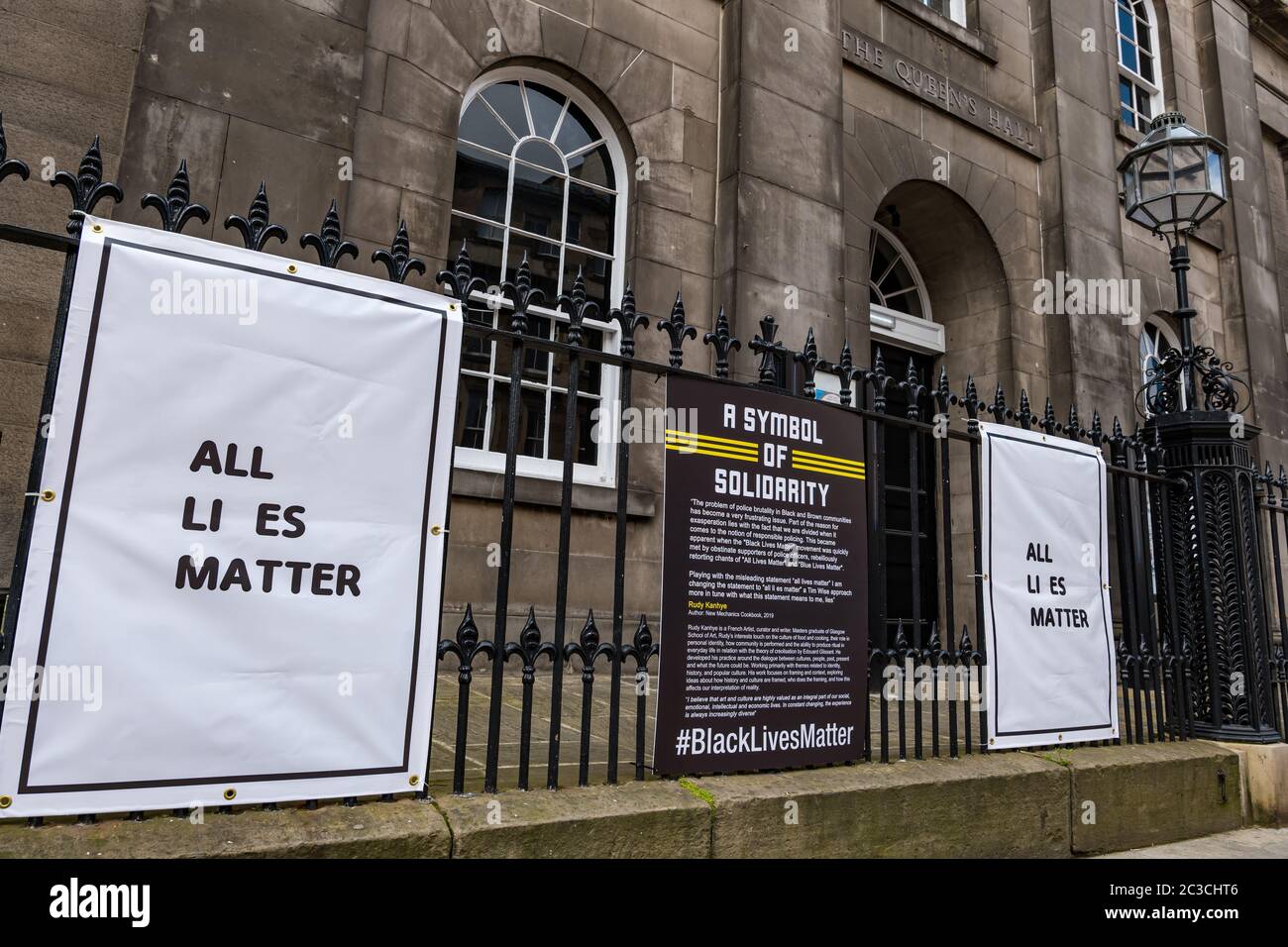Edinburgh, Scotland, United Kingdom, 19th June 2020. Black Lives Matter Mural Trail: a new trail of artwork is developing at arts venues to support the BLM campaign. Pictured: the Queen's Hall concert theatre artwork by Rudy Kanhye Stock Photo