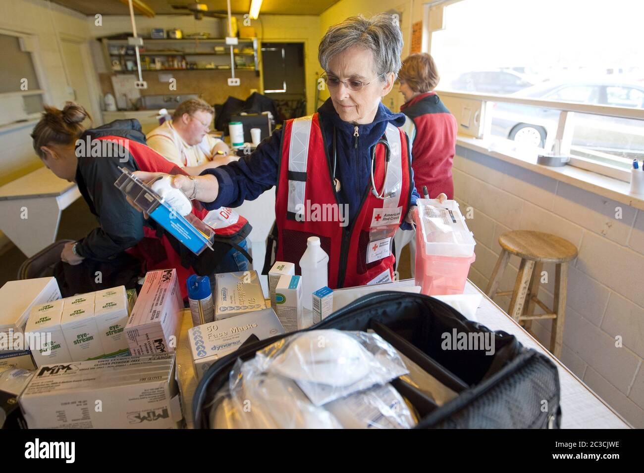 April 19, 2013 West, Texas USA: Volunteers with the Red Cross arrive to provide food, water, emotional support, and health services to residents of the small Central Texas town after a fertilizer plant explosion two days earlier killed 15 people and destroyed and damaged hundreds of homes and businesses. ©Marjorie Kamys Cotera/Daemmrich Photography Stock Photo