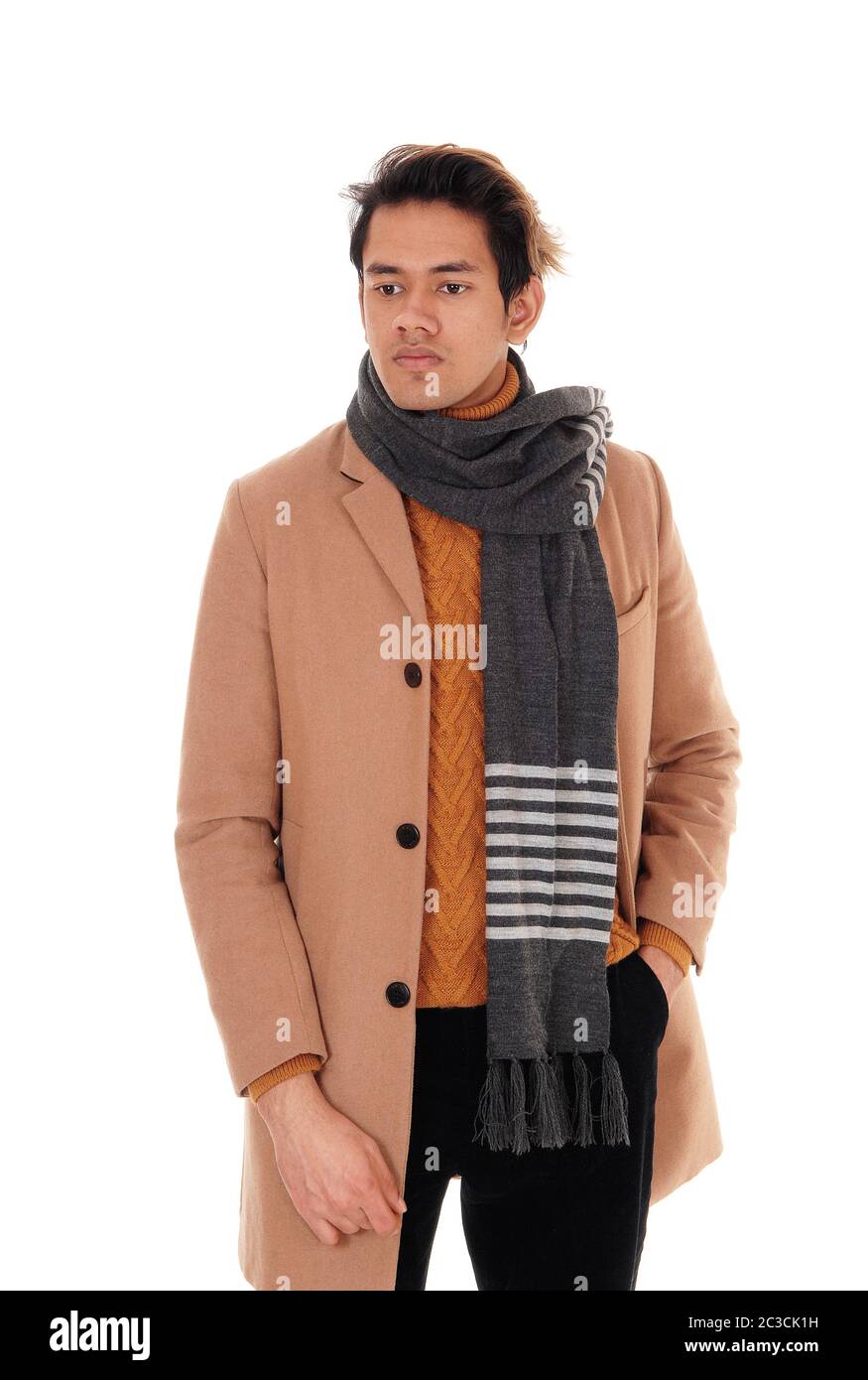 A handsome young man standing in the studio in a beige winter coat and ...