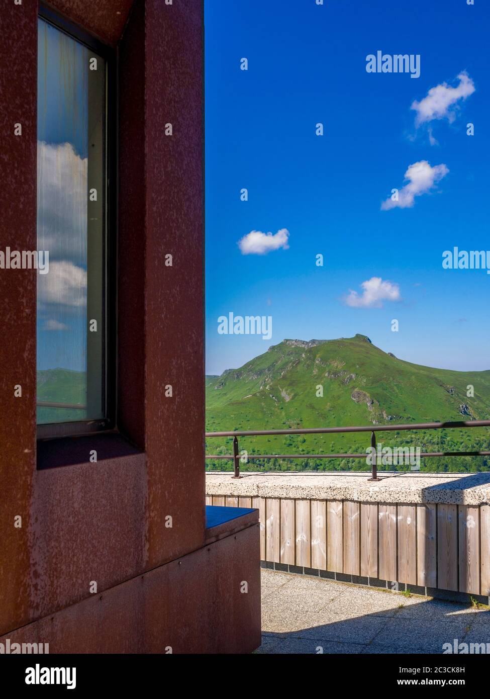 Window and mountain, Puy Mary, Cantal, Auvergne-Rhone-Alpes, France Stock Photo