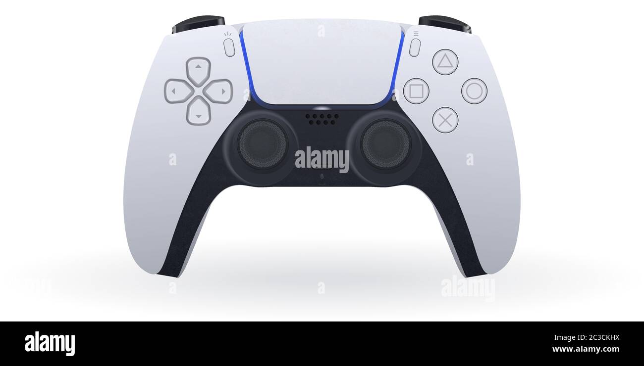 Realistic game console of the new generation Playstation 5 in vector.  Realistic Dualsenses ps5 gamepad in vector. on a blue background. Stock  Vector