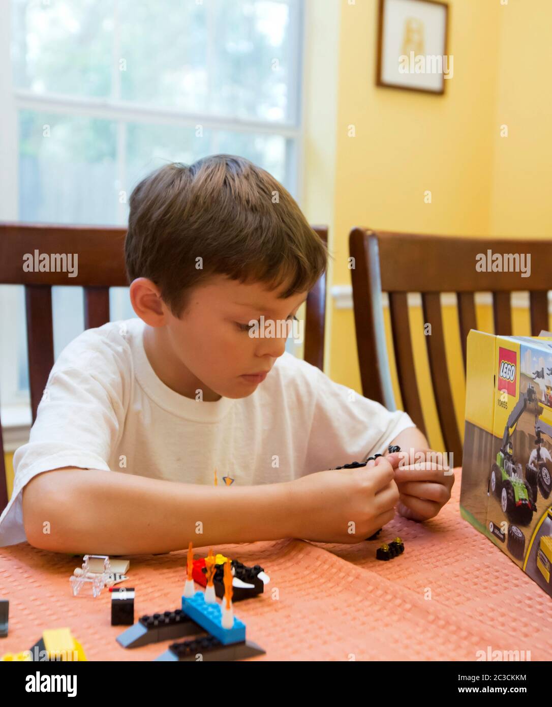 Austin Texas USA 2013 Seven year old Mexican American boy figures out how to put together a set of Legos building blocks at home. Marjorie Kamys Cotera Daemmrich Photography Stock Photo Alamy
