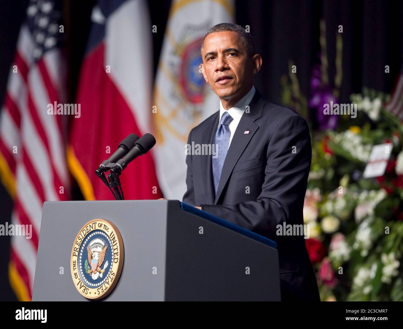 April 25, 2013 Waco, Texas USA: President of the United States Barack Obama speaks to thousands of mourners attending a memorial for firefighters killed in the West, Texas, fertilizer plant explosion on April 17. Twelve of the 15 people killed were first responders.  ©Marjorie Kamys Cotera/Daemmrich Photography Stock Photo