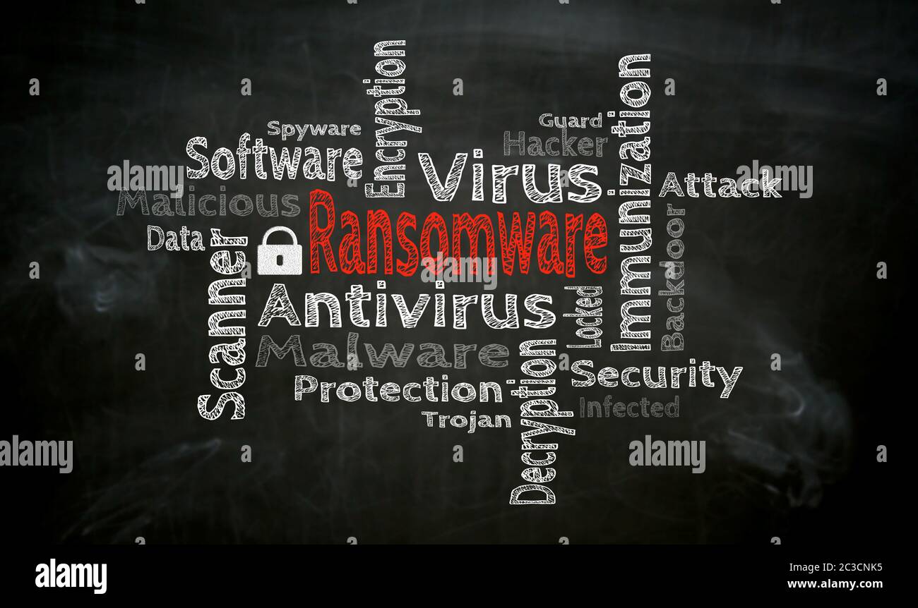 Ransomware Cloud painted with chalk on blackboard. Stock Photo