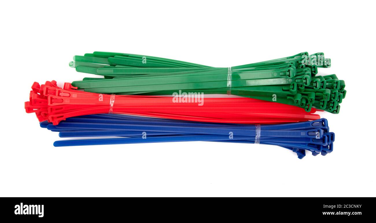 Heap Cable Ties on white background Stock Photo