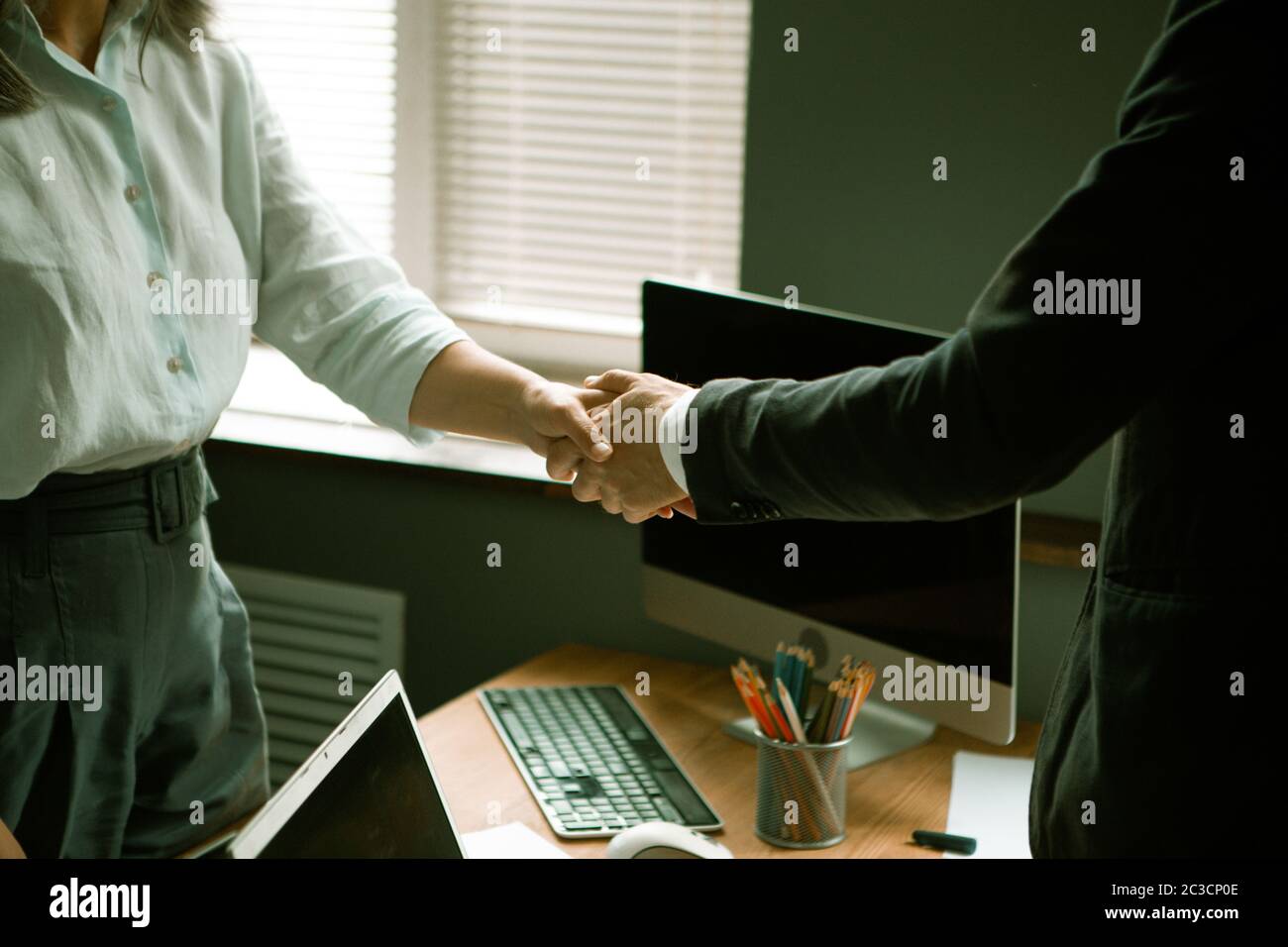 Business handshake. Close up male and female hands shaking each other against the background of workplace in modern office. Green tinted image Stock Photo