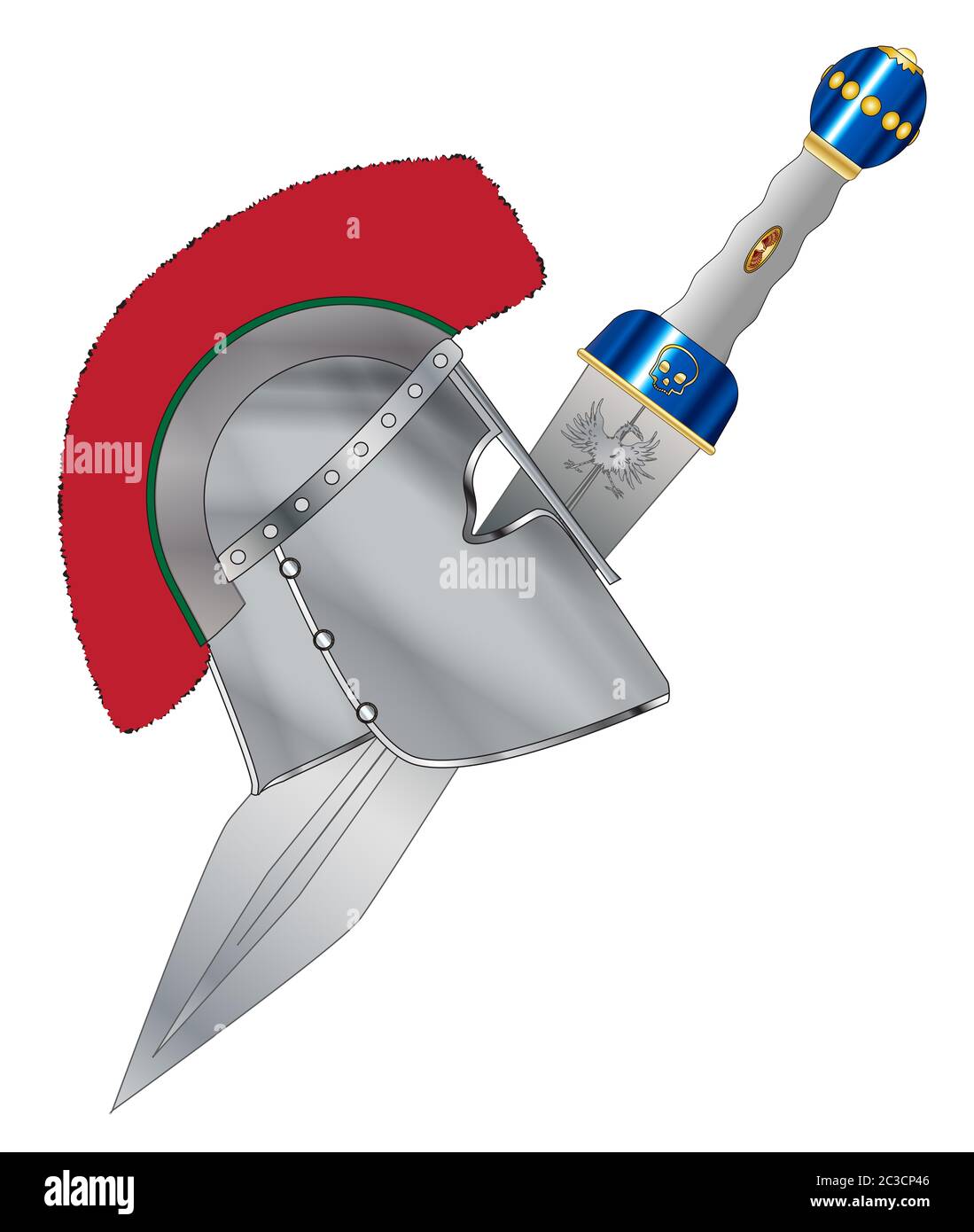 A typical roman gladiators metal helmet and sword over a white background Stock Photo